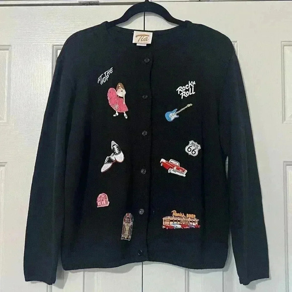 Tia Designs Womens Medium Sock Hop 1950s Embroidered Button Cardigan Sweater VTG - Picture 1 of 9